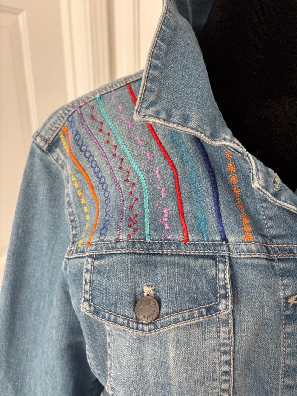 J. Jill Light Blue Denim Jacket with Multicolor Embroidered Yoke - Picture 4 of 13